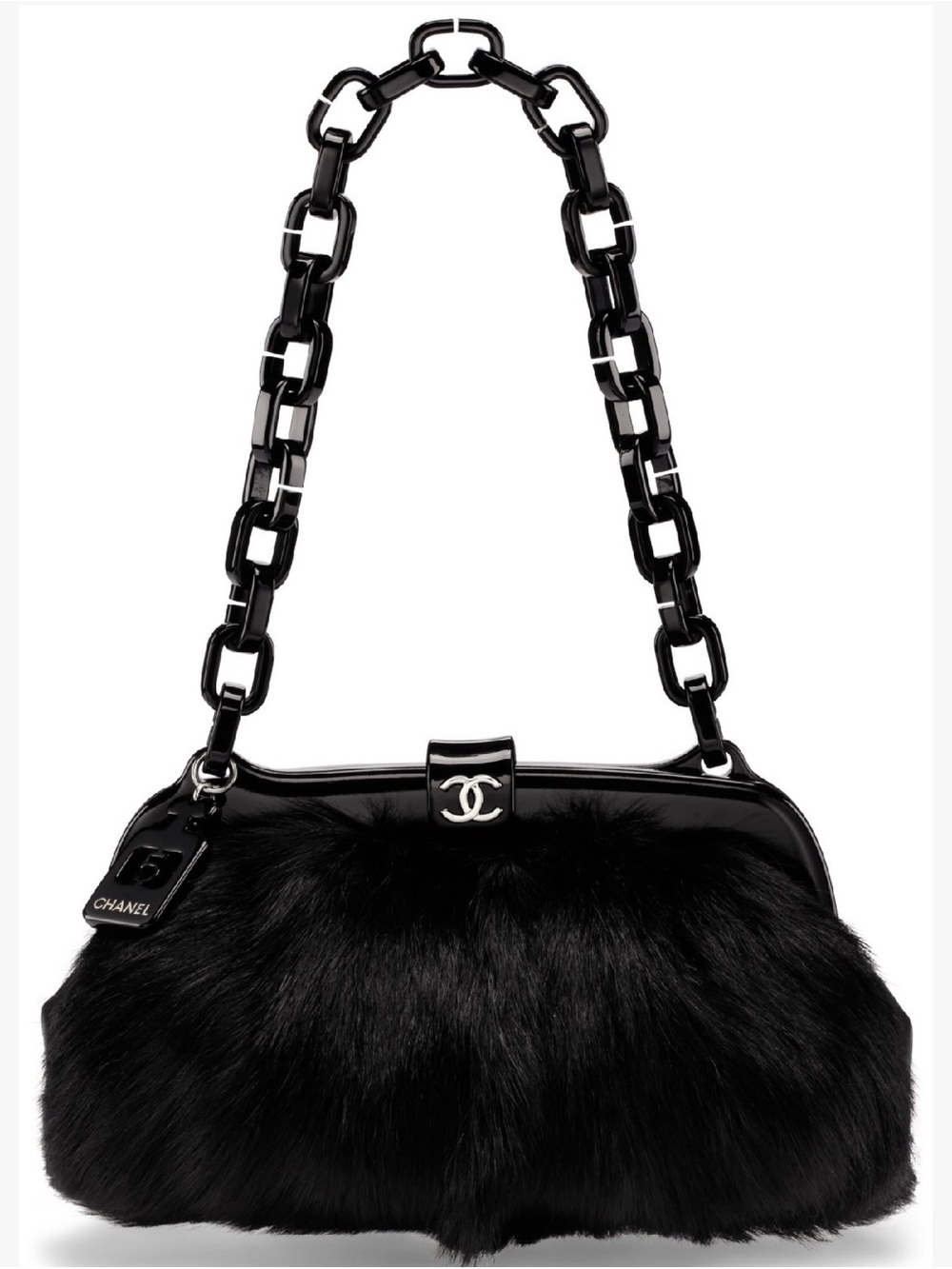 Unbranded Black real Fur & Patent Leather Shoulder Bag with Chain Strap - Picture 5 of 15